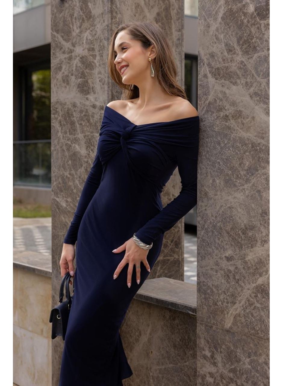 Kadın Uzun Kollu Madonna Yaka Düğüm Büzgü Detay Maxi Boy Elblbise