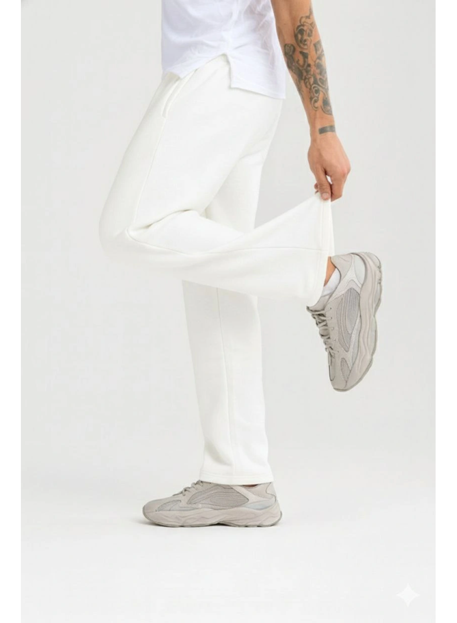 Erkek Üç Iplik Kışlık Pamuklu Ovarsize Bağcıklı Düz Paça Cepli Eşofman Altı Spor Rahat Model - Beyaz