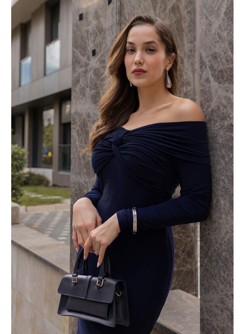 Kadın Uzun Kollu Madonna Yaka Düğüm Büzgü Detay Maxi Boy Elblbise