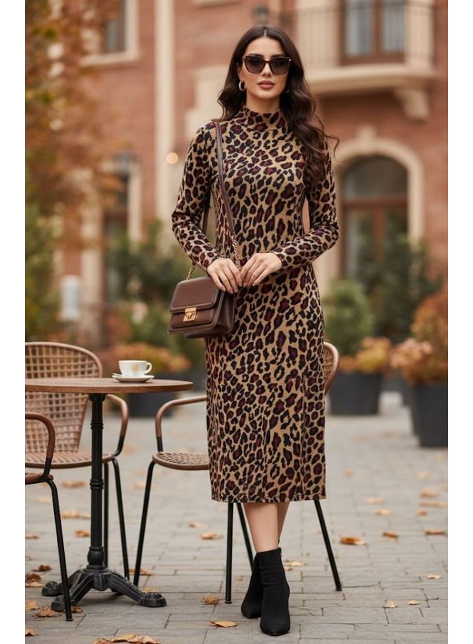 Kadın Uzun Kollu Balıkçı Yaka Leopar Desenli Midi Boy Elbise
