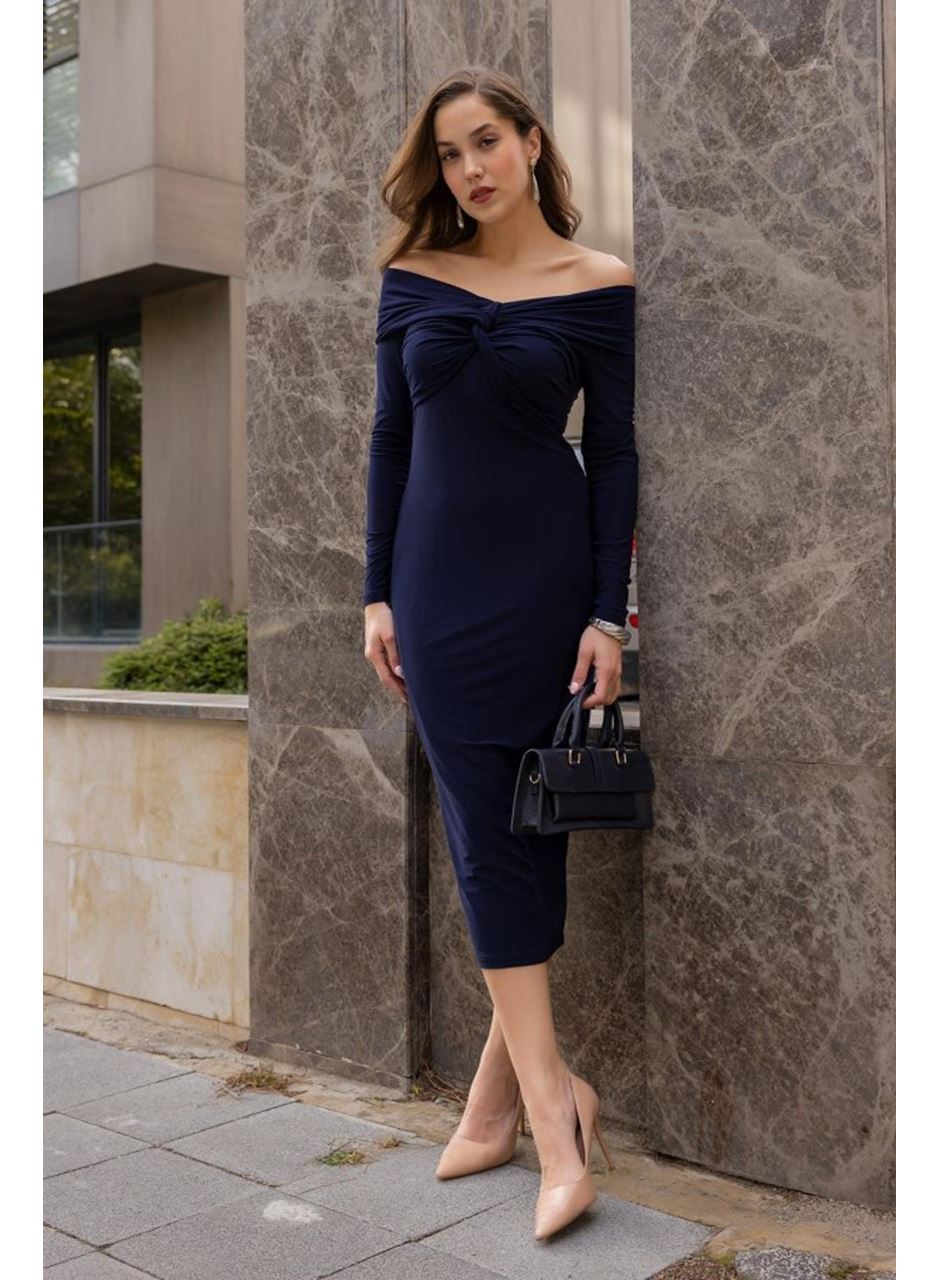 Kadın Uzun Kollu Madonna Yaka Düğüm Büzgü Detay Maxi Boy Elblbise