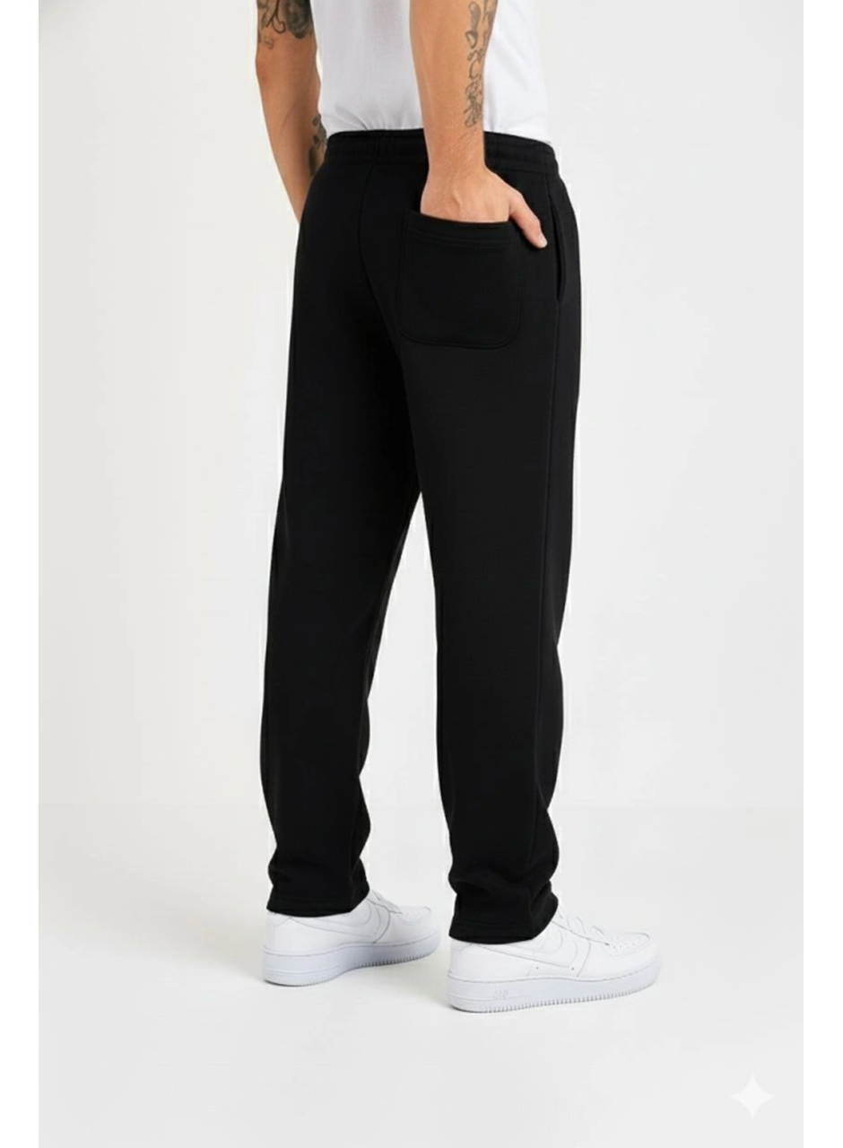 Erkek Üç Iplik Kışlık Pamuklu Ovarsize Bağcıklı Düz Paça Cepli Eşofman Altı Spor Rahat Model - Siyah