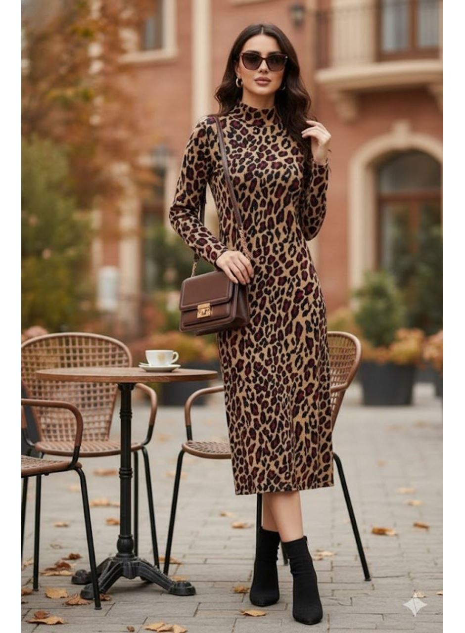 Kadın Uzun Kollu Balıkçı Yaka Leopar Desenli Midi Boy Elbise