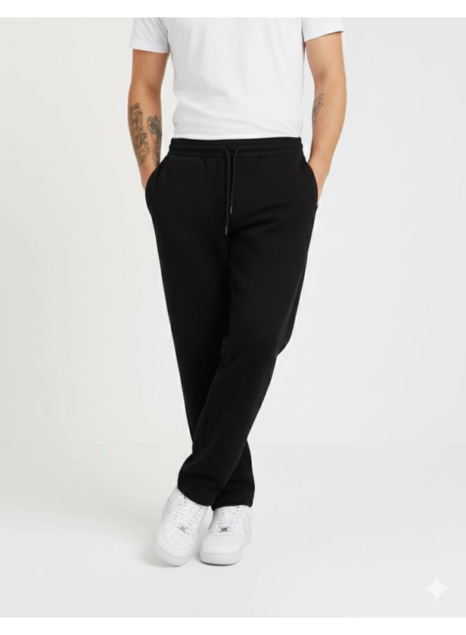 Erkek Üç Iplik Kışlık Pamuklu Ovarsize Bağcıklı Düz Paça Cepli Eşofman Altı Spor Rahat Model - Siyah