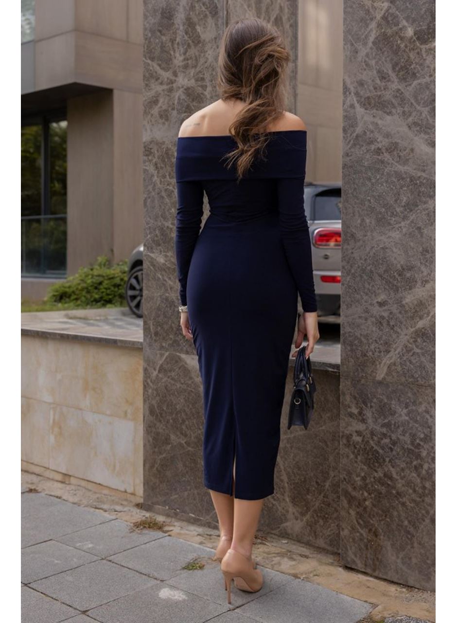 Kadın Uzun Kollu Madonna Yaka Düğüm Büzgü Detay Maxi Boy Elblbise