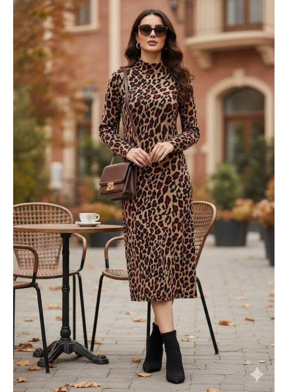 Kadın Uzun Kollu Balıkçı Yaka Leopar Desenli Midi Boy Elbise