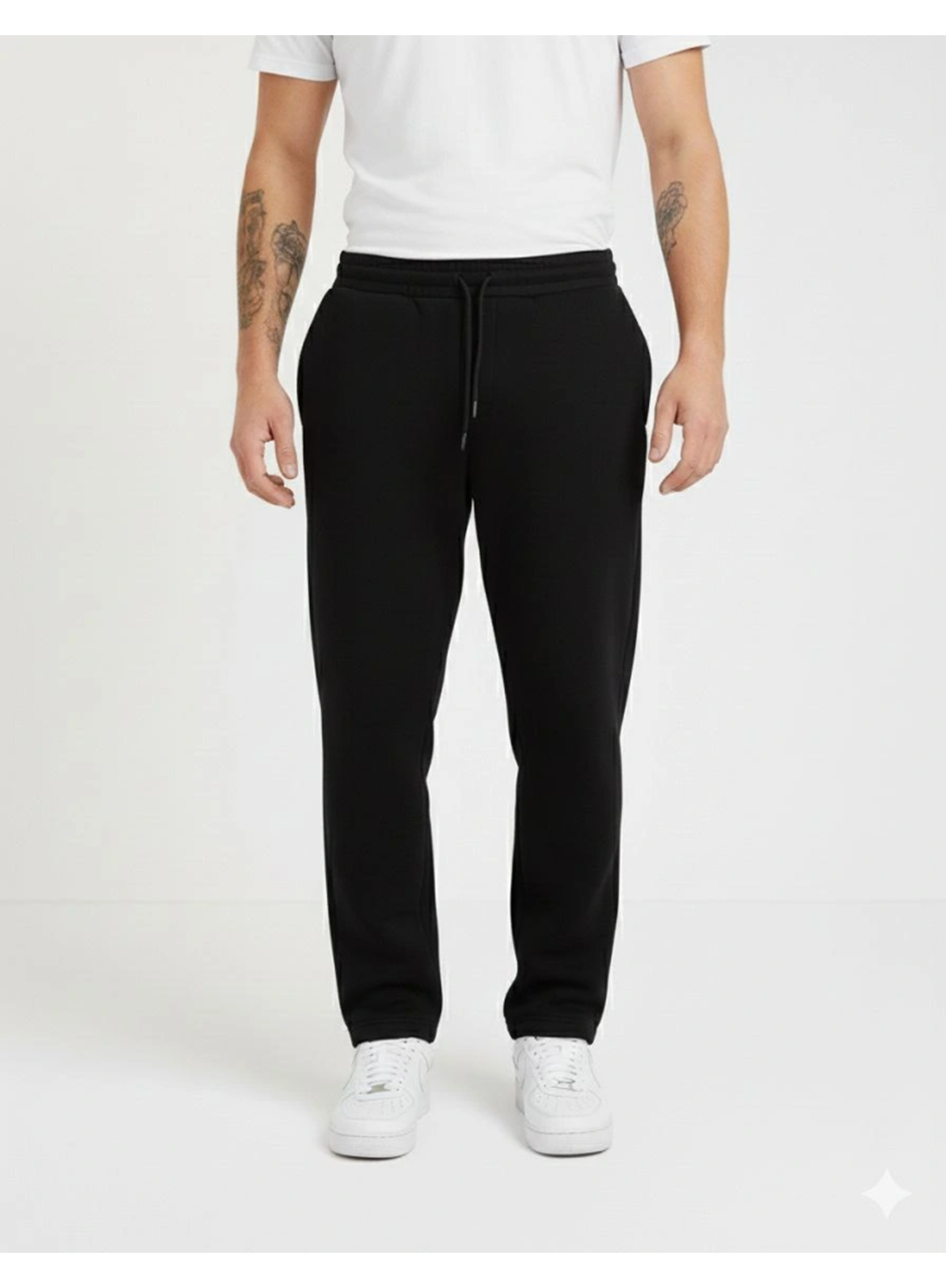 Erkek Üç Iplik Kışlık Pamuklu Ovarsize Bağcıklı Düz Paça Cepli Eşofman Altı Spor Rahat Model - Siyah