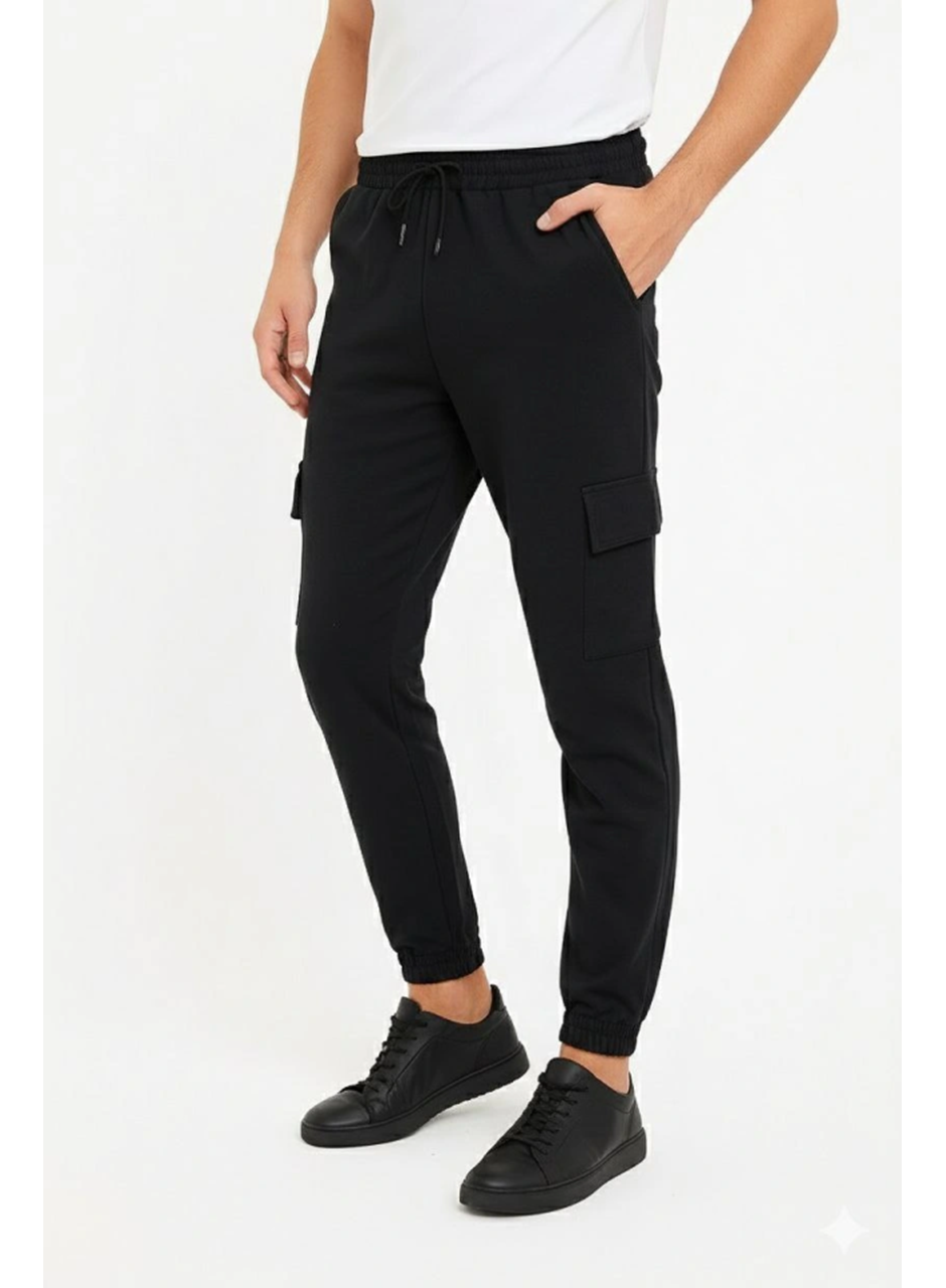 Erkek Siyah Jogger Eşofman Altı Rahat Kalıp, Kargo Cepli, Lastikli Paça, Günlük Spor Pantolon - Siyah
