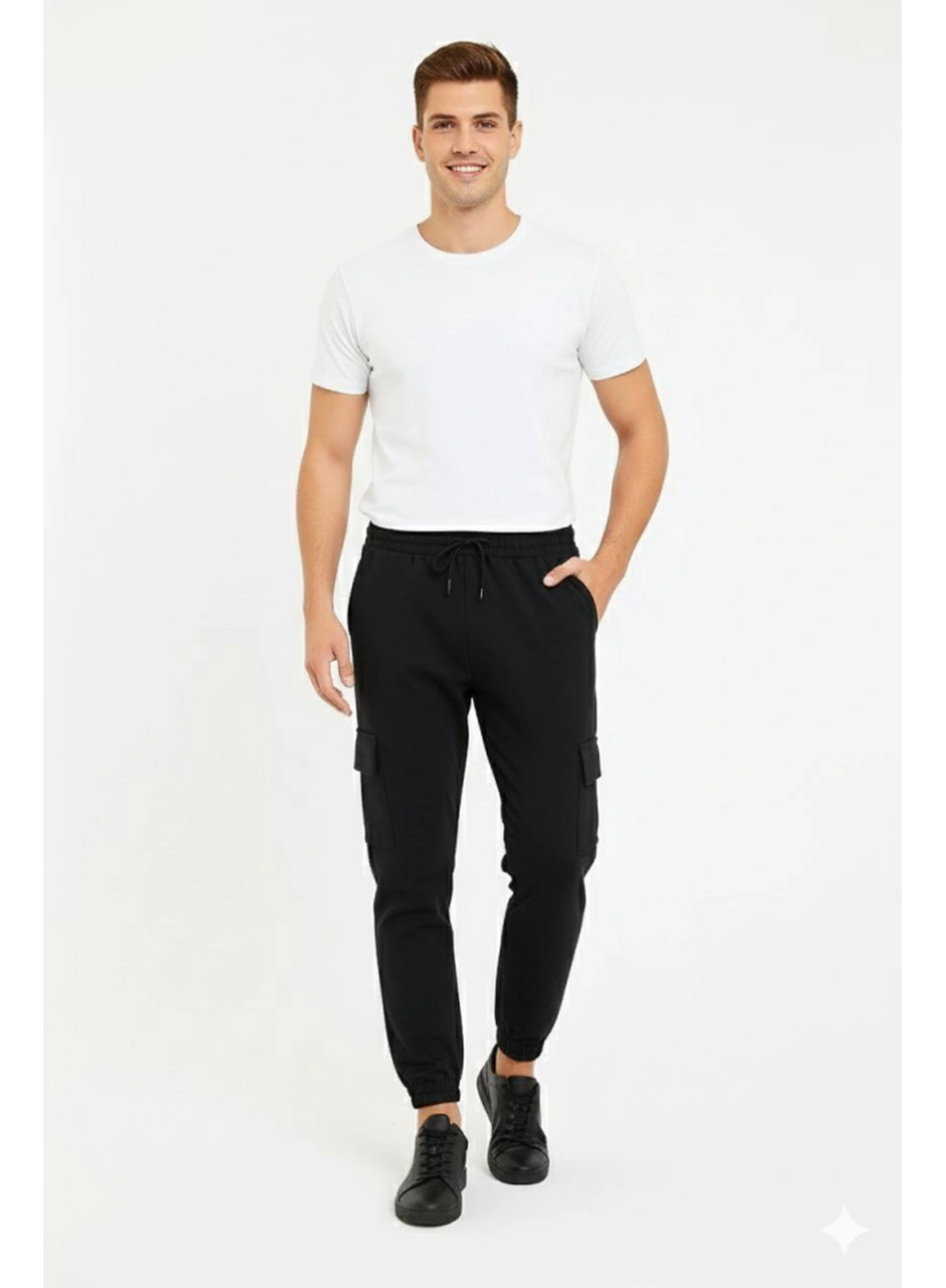 Erkek Siyah Jogger Eşofman Altı Rahat Kalıp, Kargo Cepli, Lastikli Paça, Günlük Spor Pantolon - Siyah