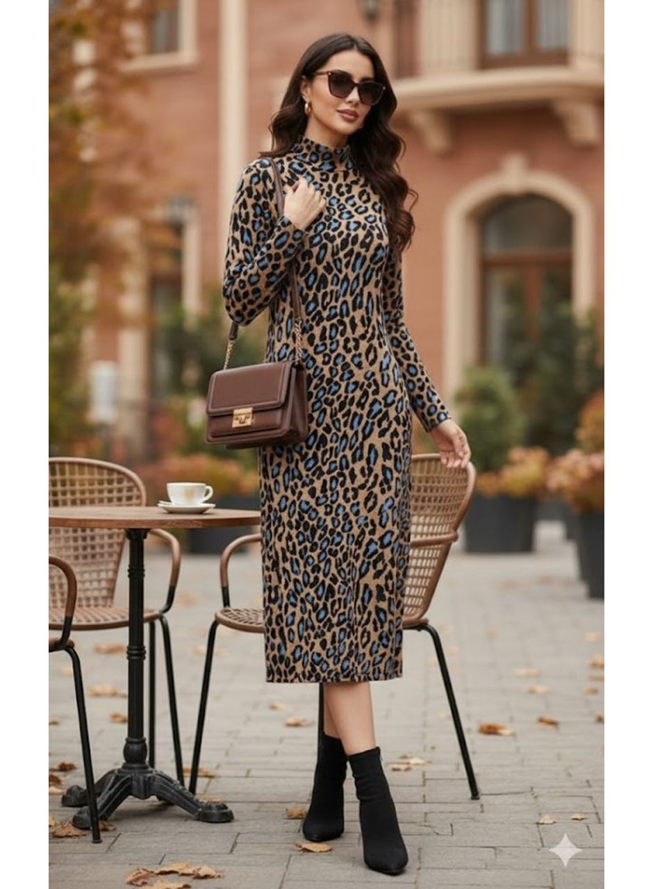 Kadın Uzun Kollu Balıkçı Yaka Leopar Desenli Midi Boy Elbise