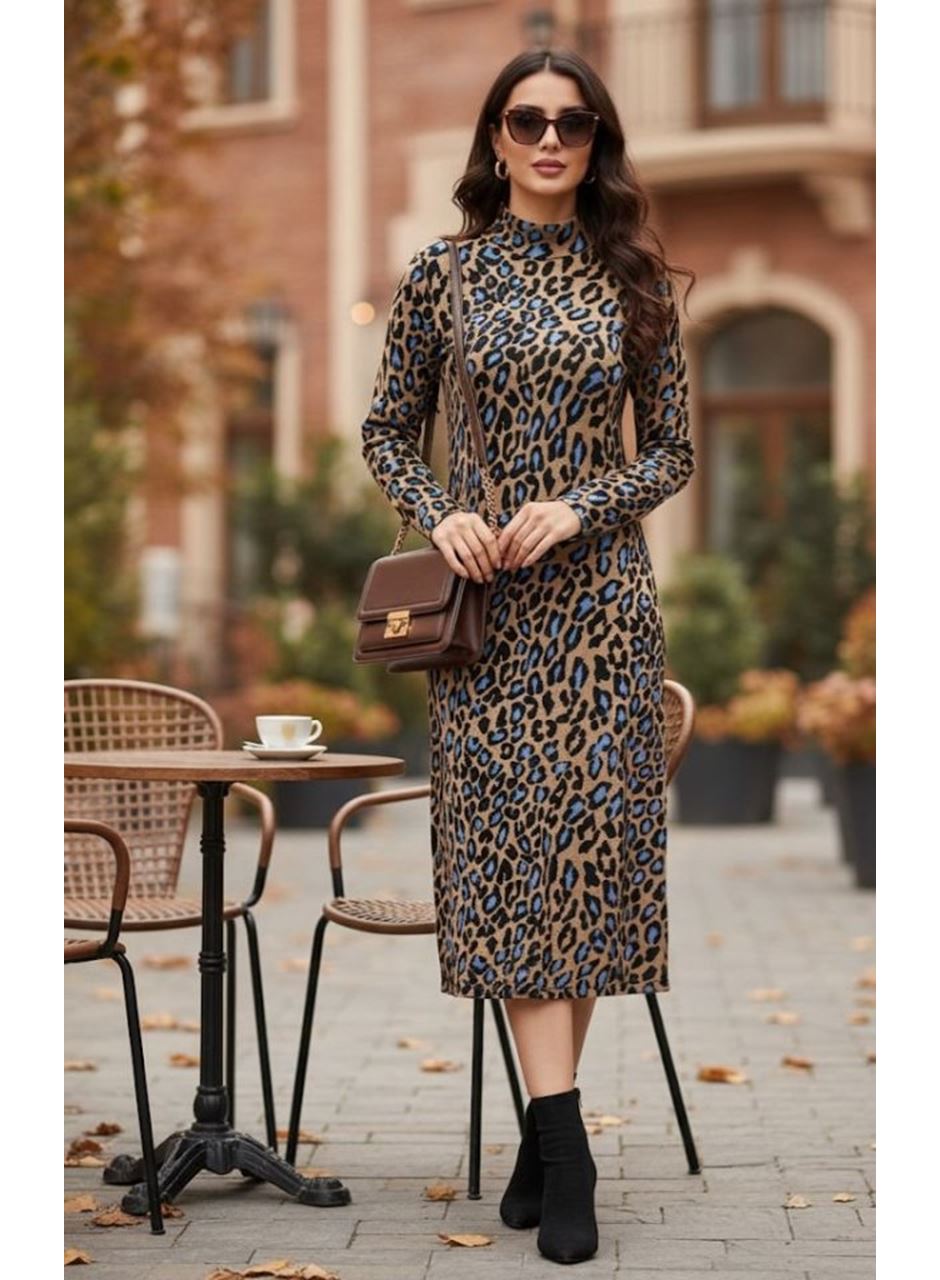 Kadın Uzun Kollu Balıkçı Yaka Leopar Desenli Midi Boy Elbise