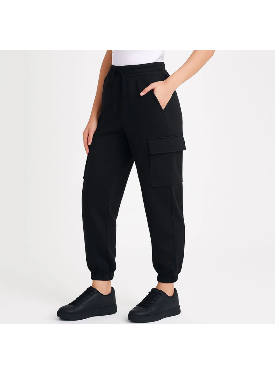 Siyah Jogger Eşofman Altı Rahat Kalıp, Kargo Cepli,  Lastikli Paça, Günlük Spor Pantolon - Siyah