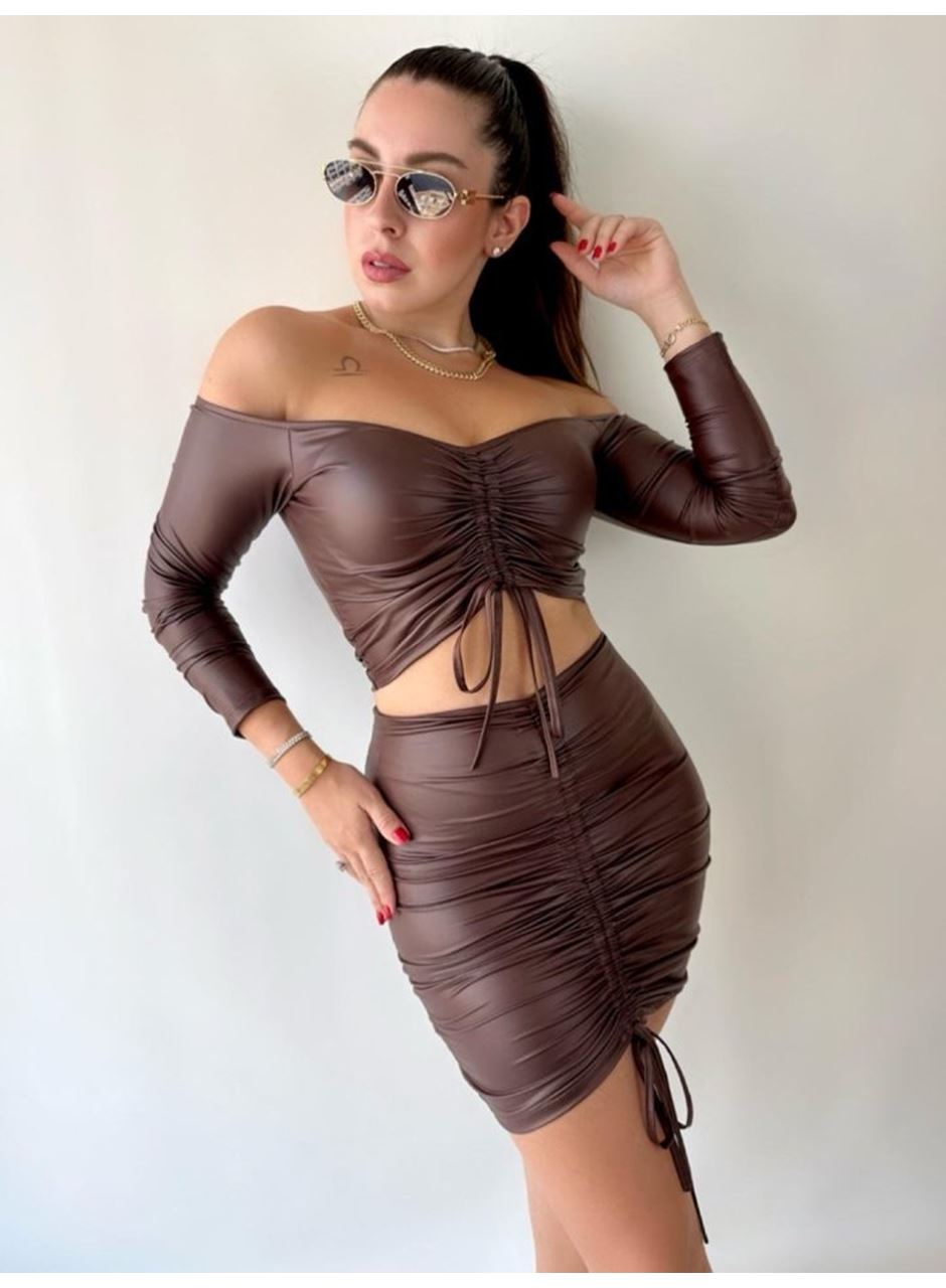 Kadın Büzgülü Deri Etek Takım Fırsat Ürün