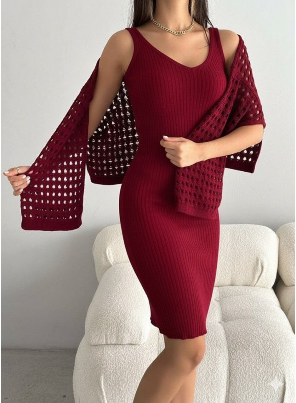 Kadın Uzun Kollu Delikli Kazak Askılı Elbise Triko Ikili Takım