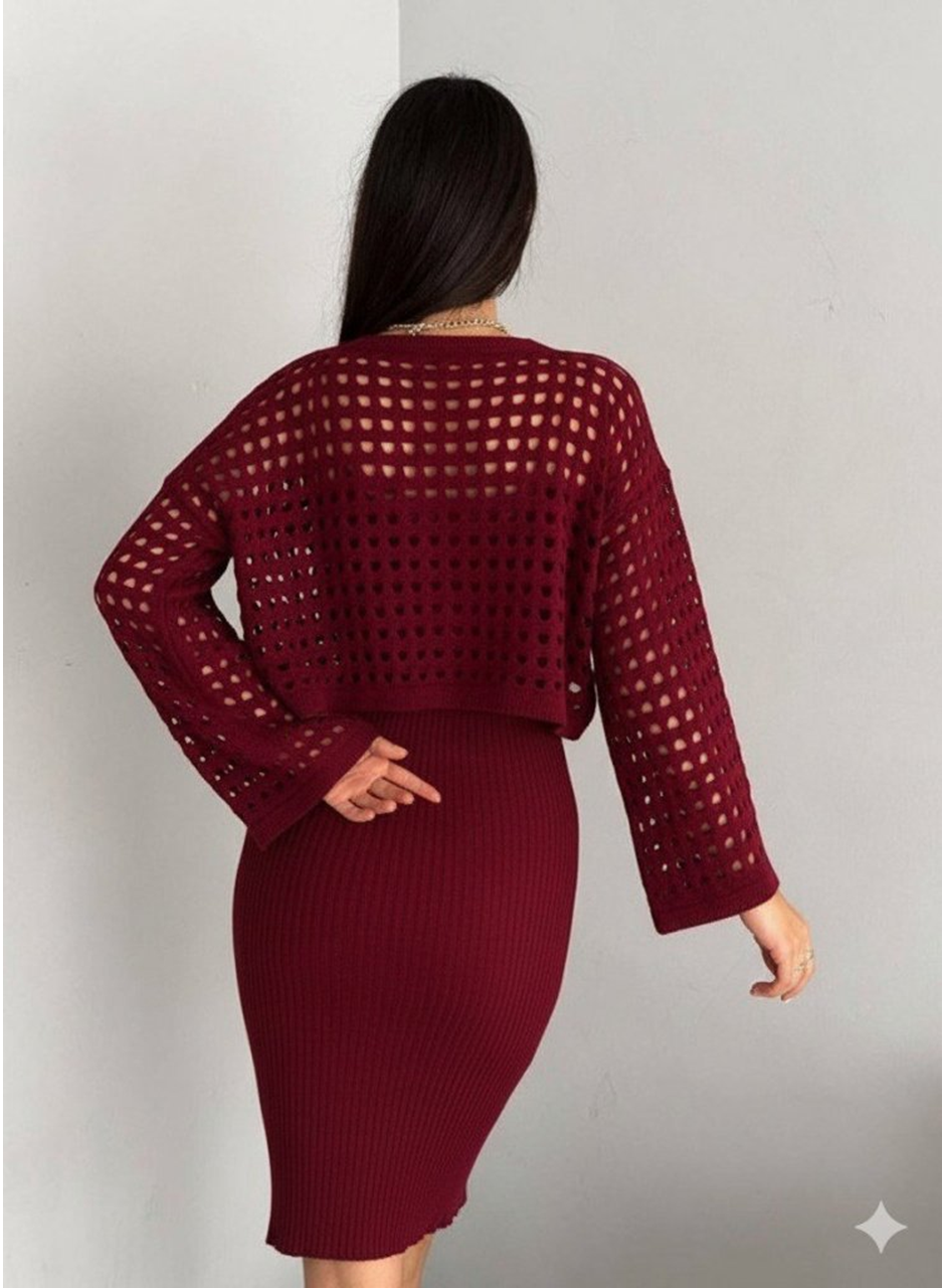 Kadın Uzun Kollu Delikli Kazak Askılı Elbise Triko Ikili Takım