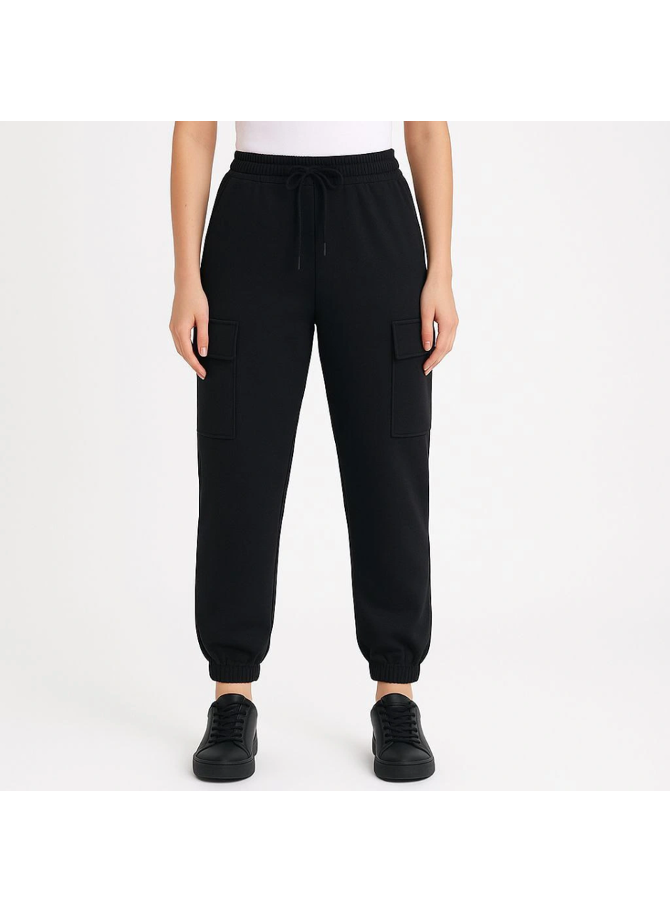 Siyah Jogger Eşofman Altı Rahat Kalıp, Kargo Cepli,  Lastikli Paça, Günlük Spor Pantolon - Siyah
