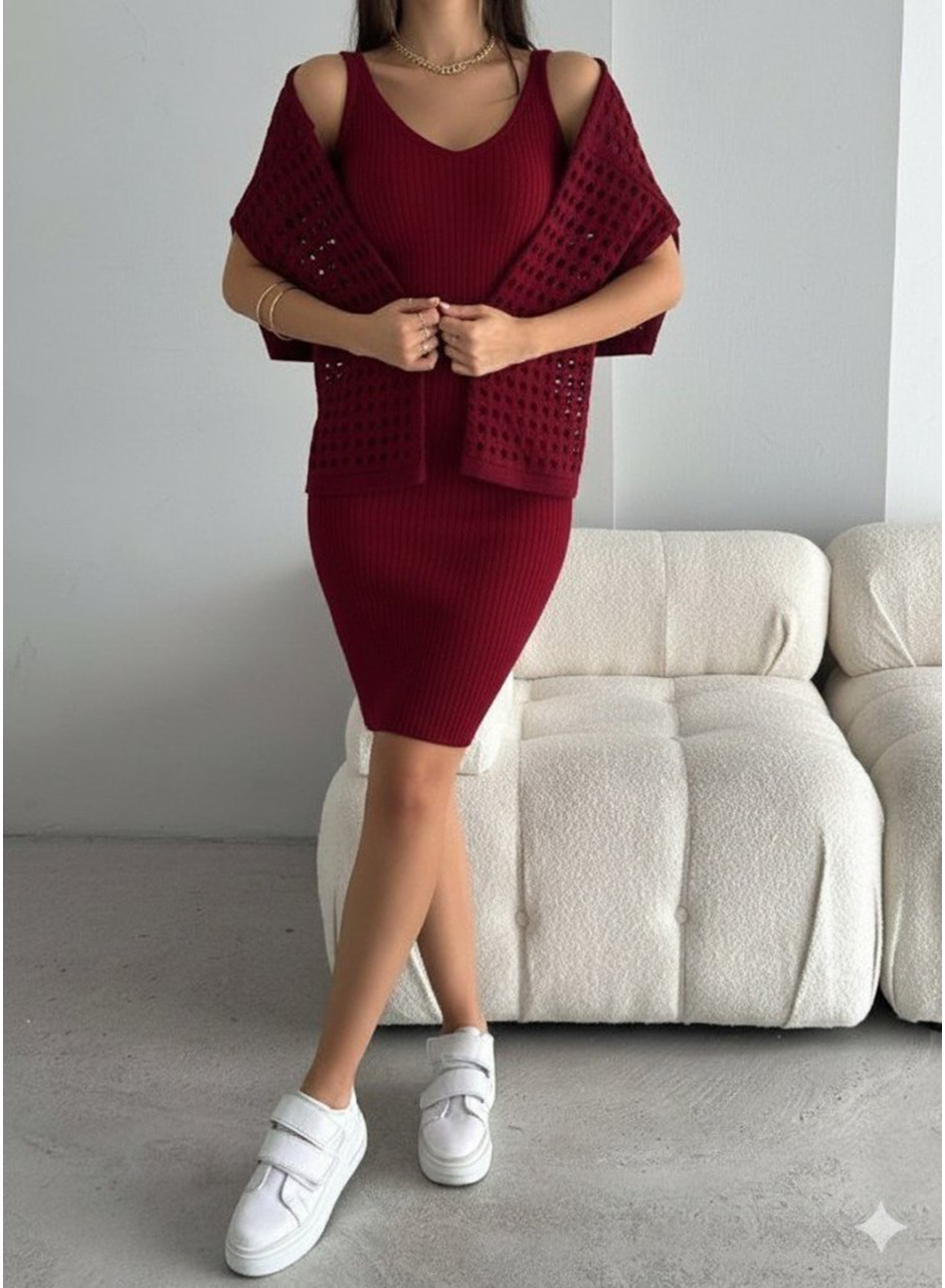 Kadın Uzun Kollu Delikli Kazak Askılı Elbise Triko Ikili Takım