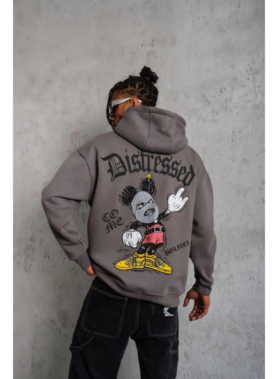 Erkek Üç İplik Baskılı Kapüşonlu Sweat - Gri