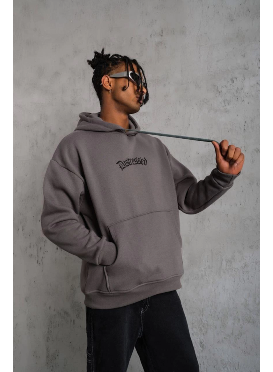 Erkek Üç İplik Baskılı Kapüşonlu Sweat - Gri