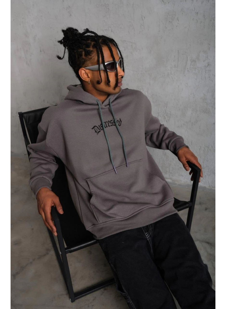 Erkek Üç İplik Baskılı Kapüşonlu Sweat - Gri