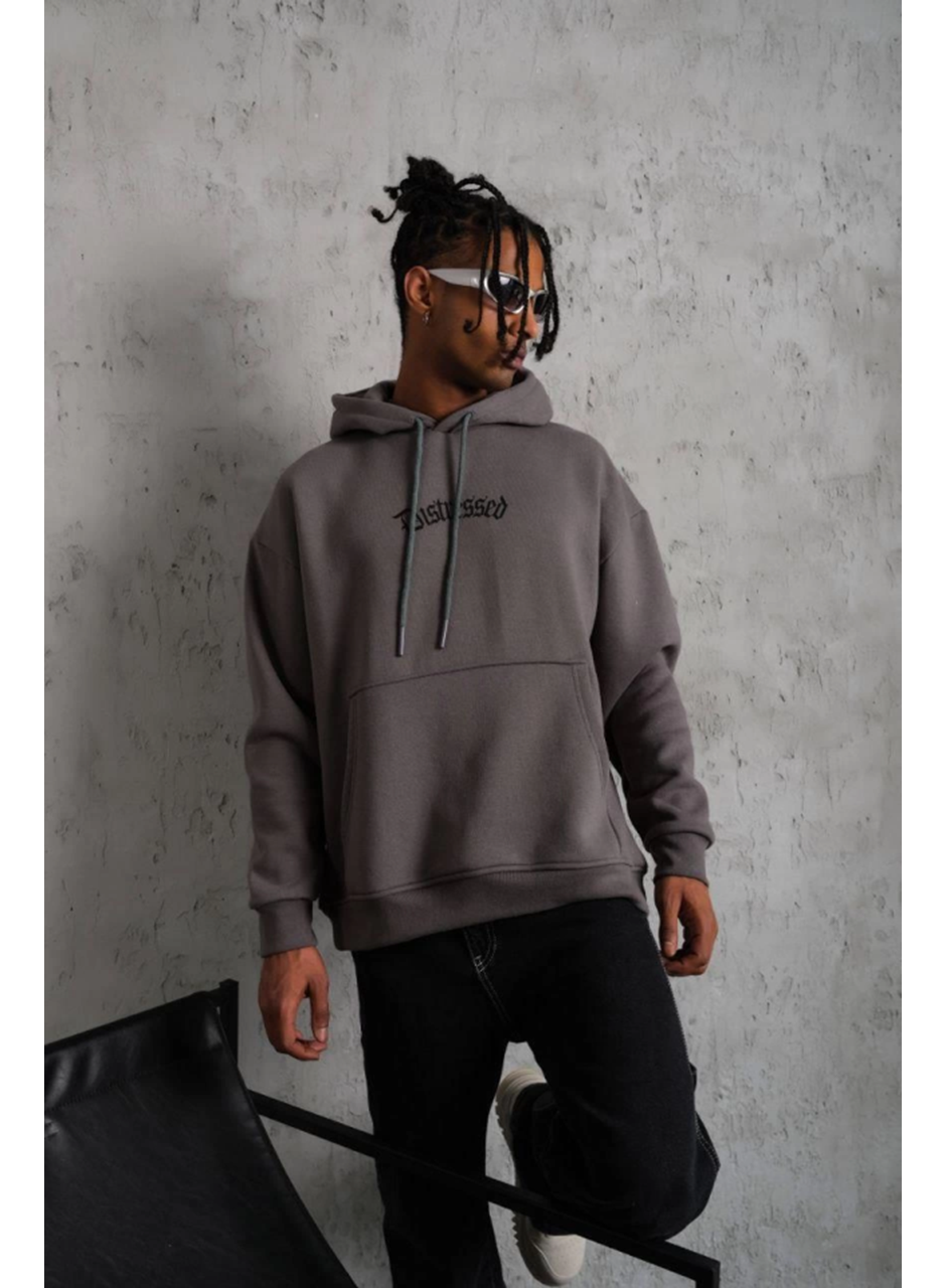 Erkek Üç İplik Baskılı Kapüşonlu Sweat - Gri