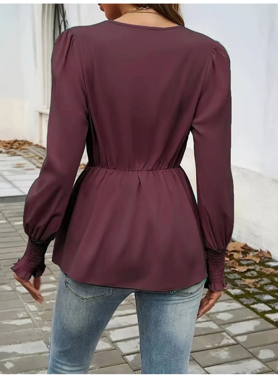 Kadın Uzun Kollu Kruvaze Yakalı önden Bağlamalı Ithal Krep Bluz