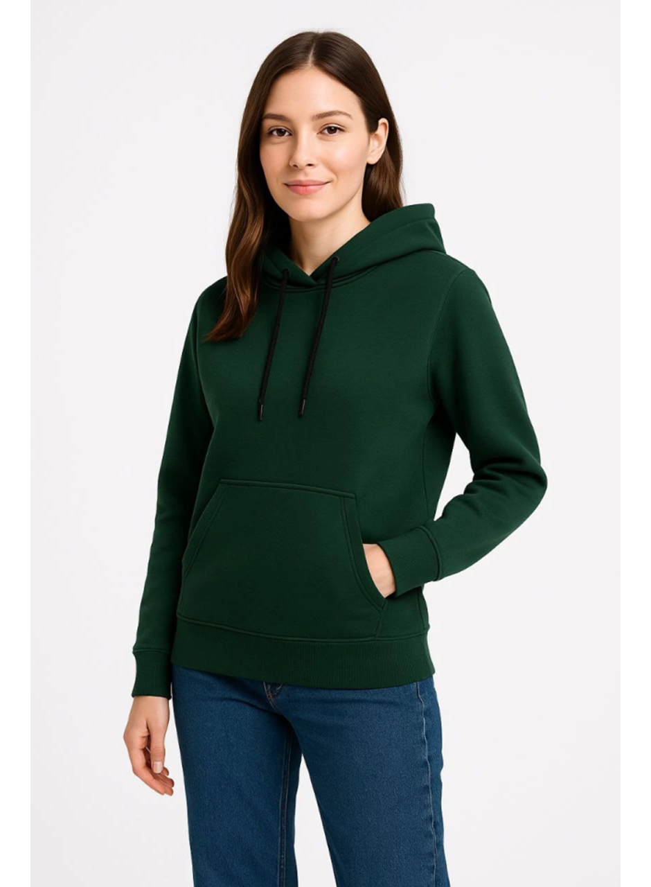 Üç İplik Kapüşonlu Kanguru Çepli SweatShirt Hoodie - Haki