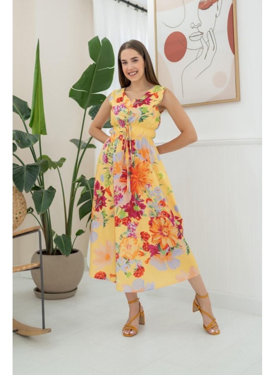 Sarı Çiçek Desenli Yazlık Elbise