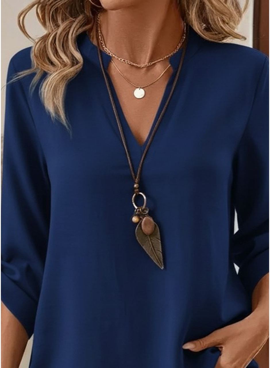 Kadın Uzun Kollu V Yakalı Ithal Krep Lacivert Bluz