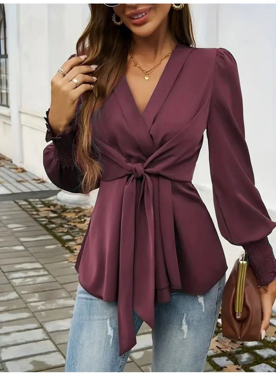 Kadın Uzun Kollu Kruvaze Yakalı önden Bağlamalı Ithal Krep Bluz