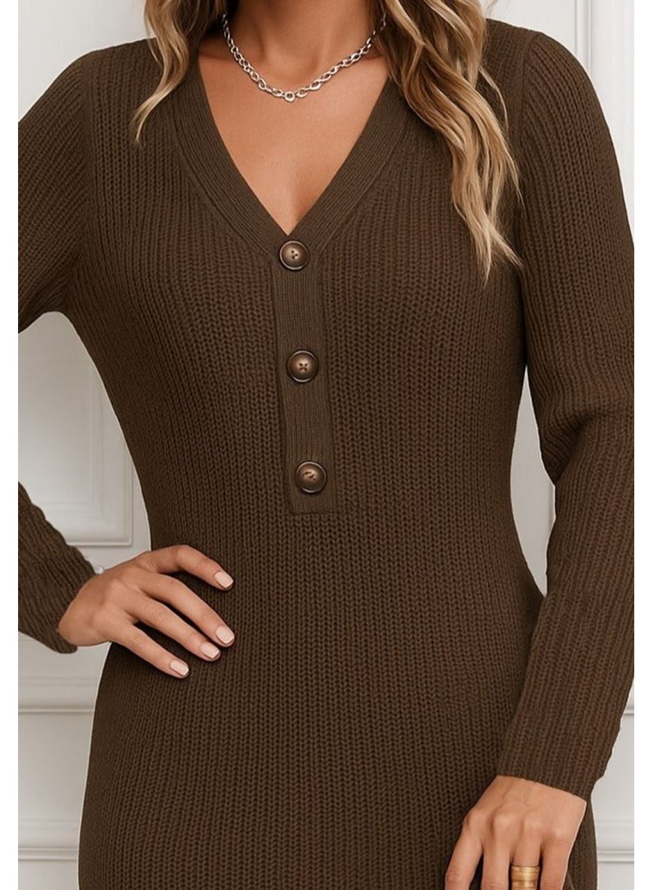 Kadın Uzun Kollu V Yakalı önden Düğmeli Kısa Triko Elbise