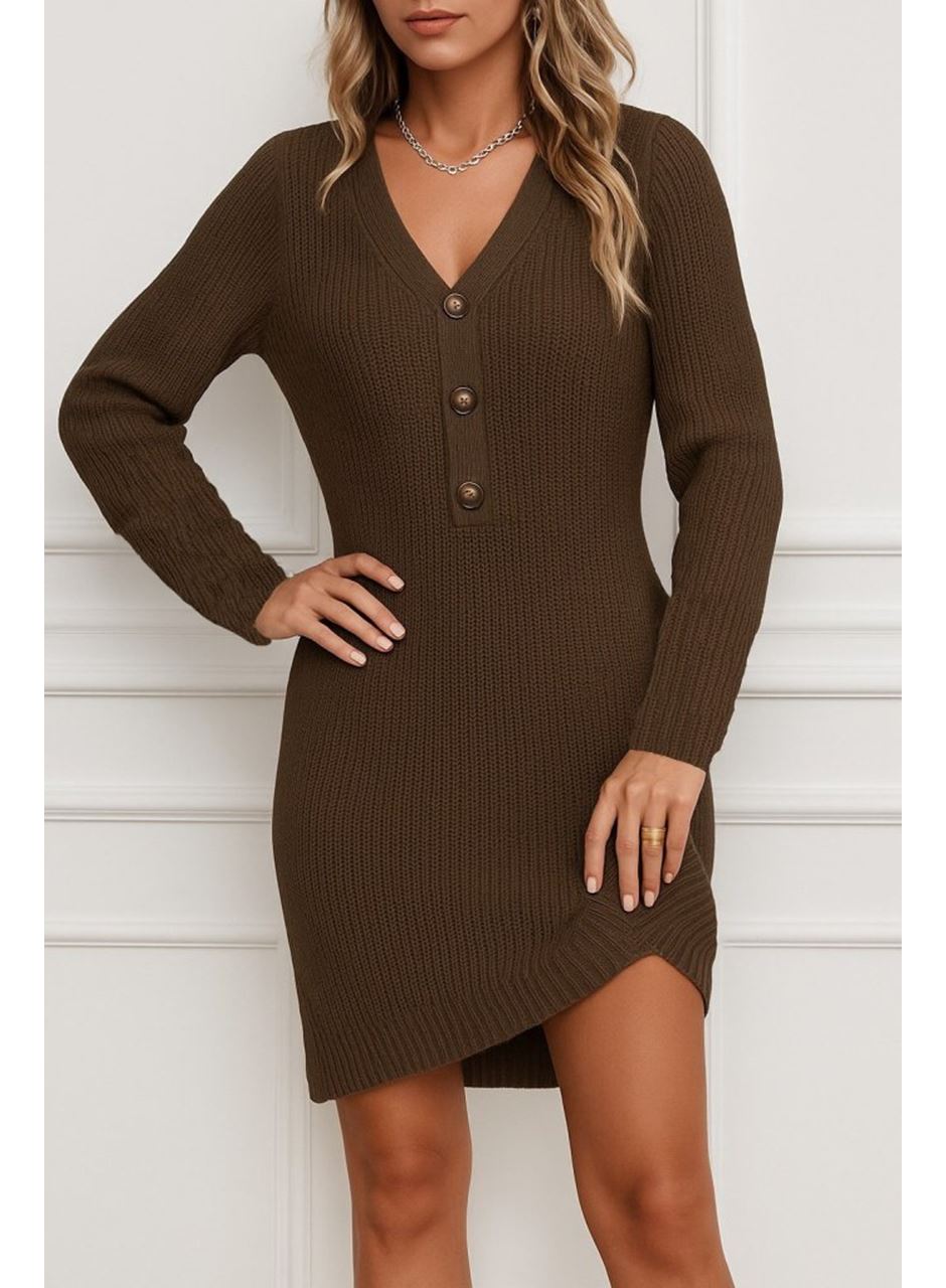 Kadın Uzun Kollu V Yakalı önden Düğmeli Kısa Triko Elbise