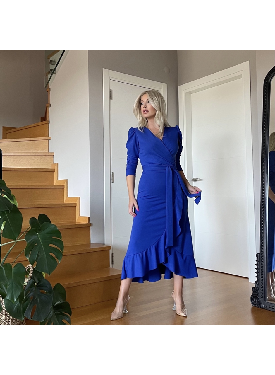 Krep Kumaş Midi Boy Kuşaklı Uzunkol Elbise