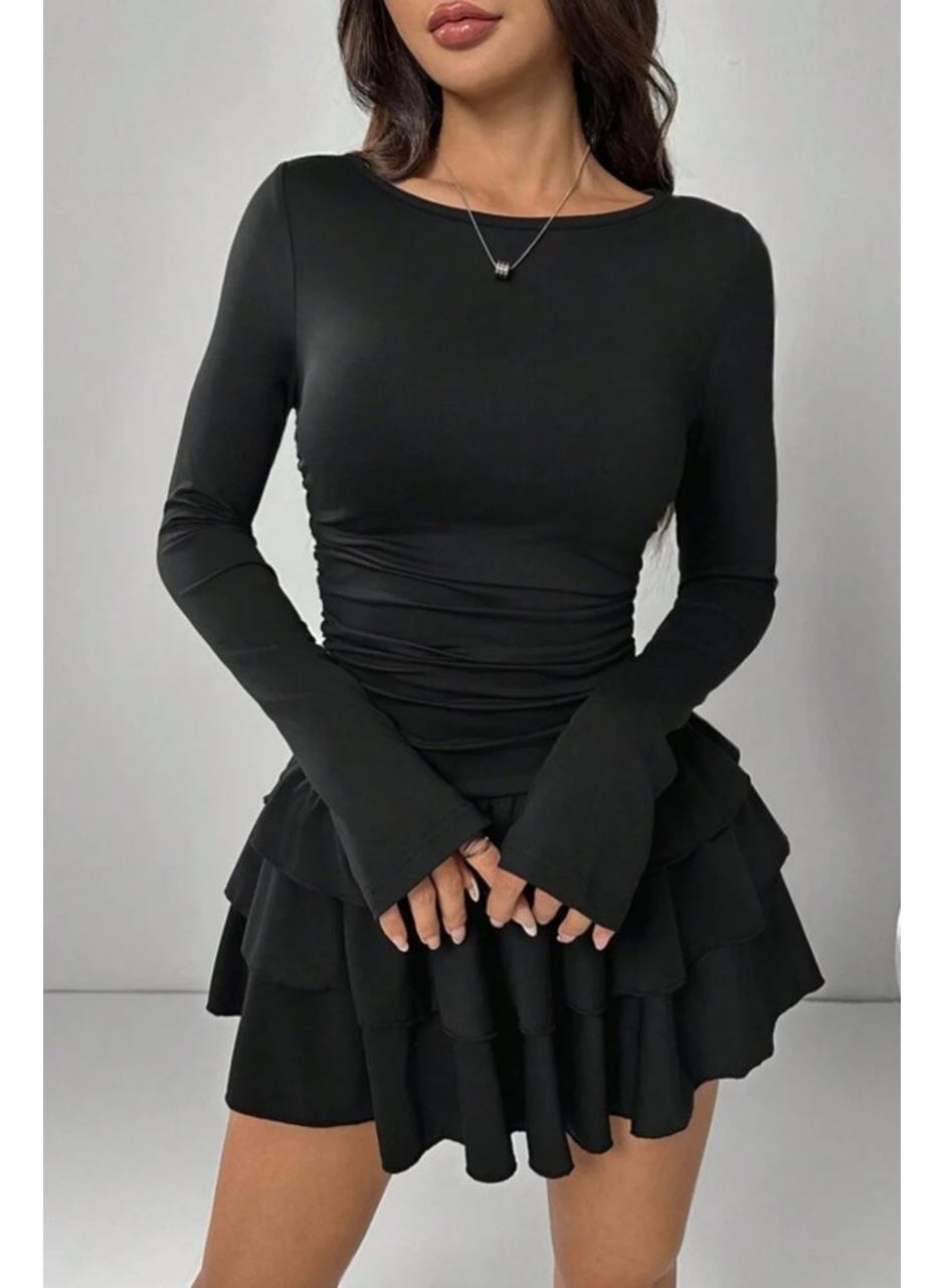 Eteği Kat Kat Volanlı Mini Elbise