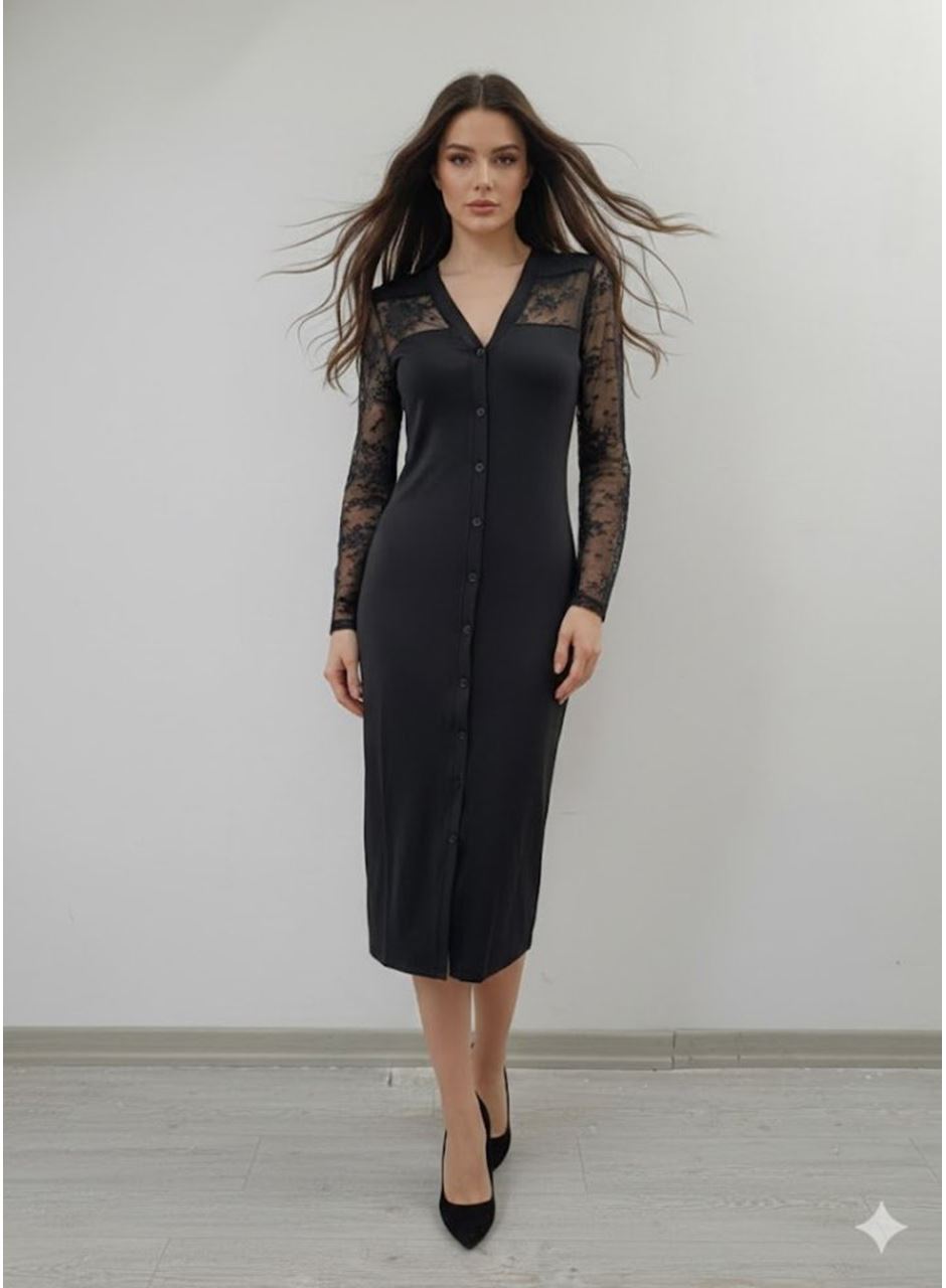 Kadın Uzun Kollu Transparan Detay Midi Boy Elbise