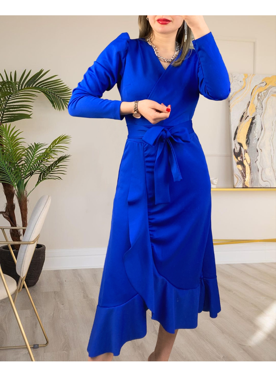 Krep Kumaş Midi Boy Kuşaklı Uzunkol Elbise