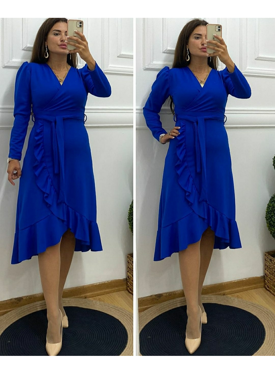 Krep Kumaş Midi Boy Kuşaklı Uzunkol Elbise