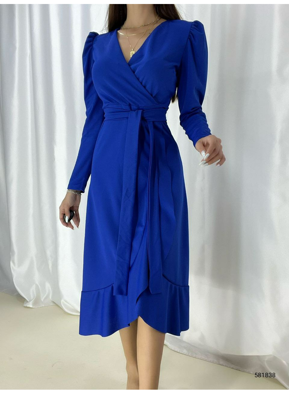 Krep Kumaş Midi Boy Kuşaklı Uzunkol Elbise