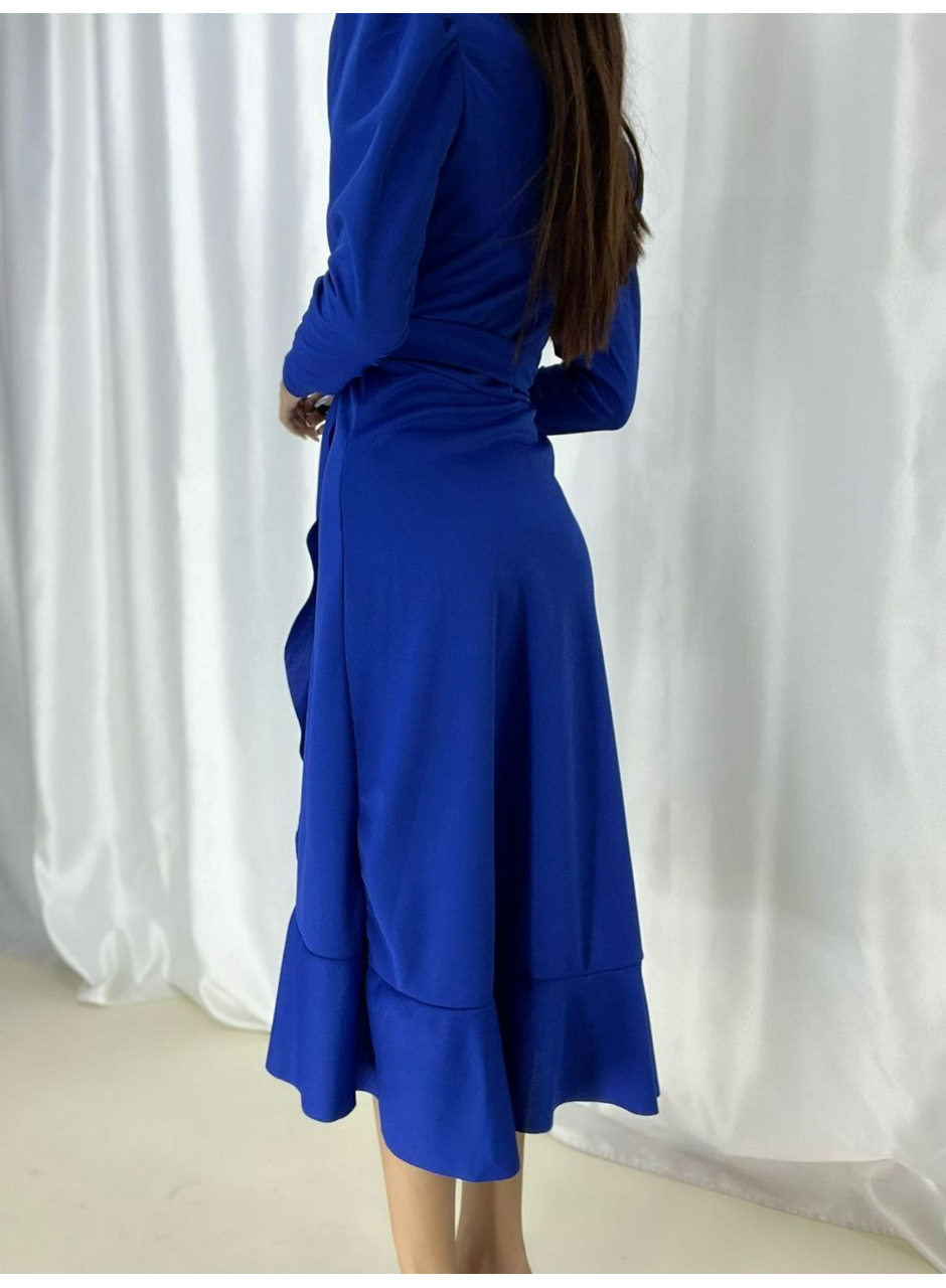 Krep Kumaş Midi Boy Kuşaklı Uzunkol Elbise