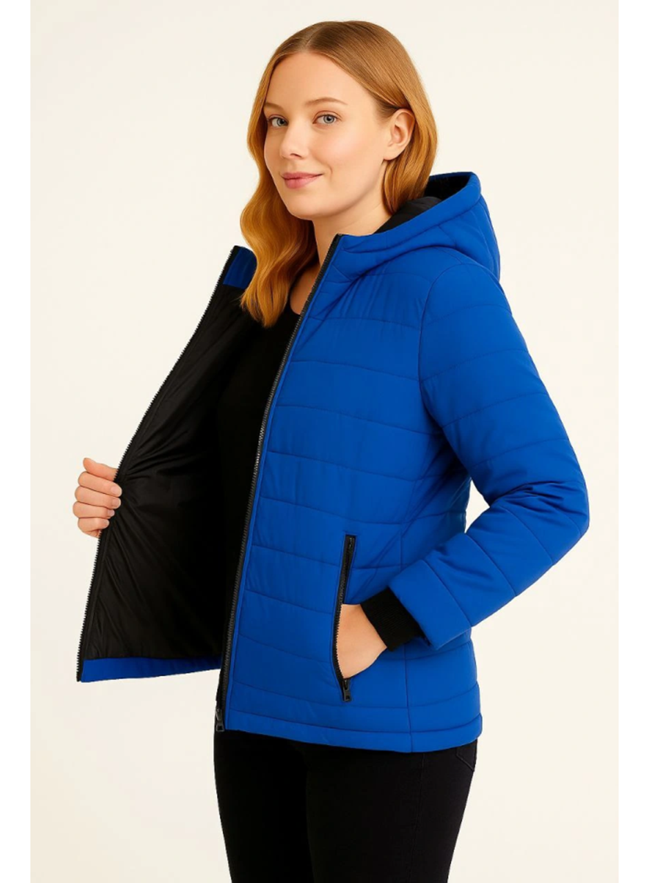 Şişme Kapüşonlu Fermuarlı Mont Su Itici Kapitone Astarlı Kumaş Cepli Kışlık Rahat Kalıp  - Saks Mavisi