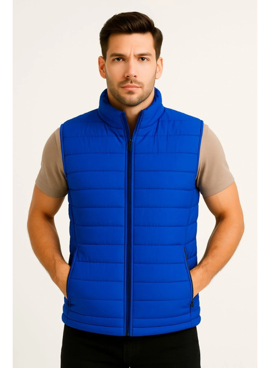 Erkek Şişme Fermuarlı Yelek Su Itici Kapitone Astarlı Kumaş Cepli Hafif Kışlık Spor Rahat Kalıp - Saks Mavisi