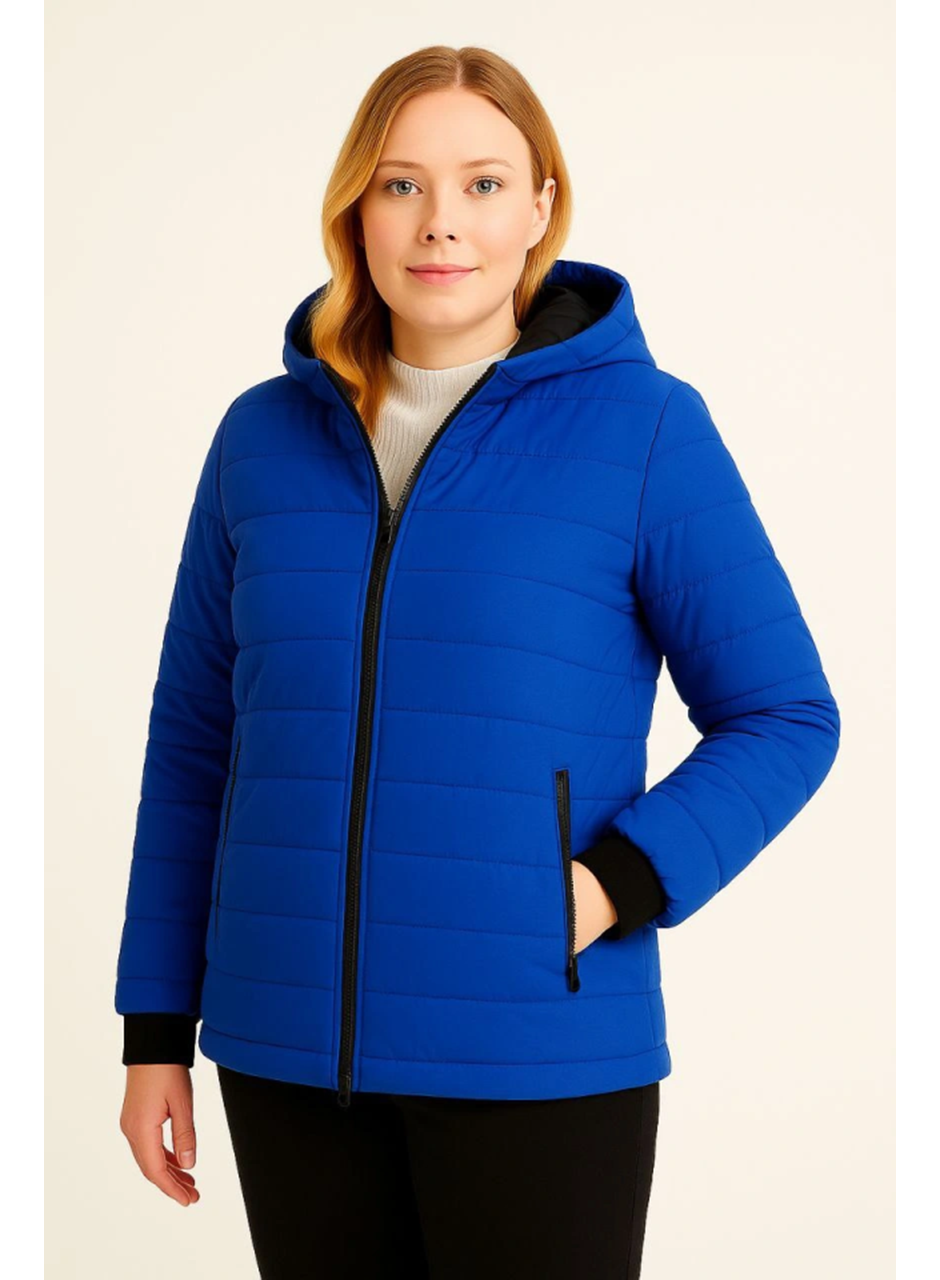 Şişme Kapüşonlu Fermuarlı Mont Su Itici Kapitone Astarlı Kumaş Cepli Kışlık Rahat Kalıp  - Saks Mavisi