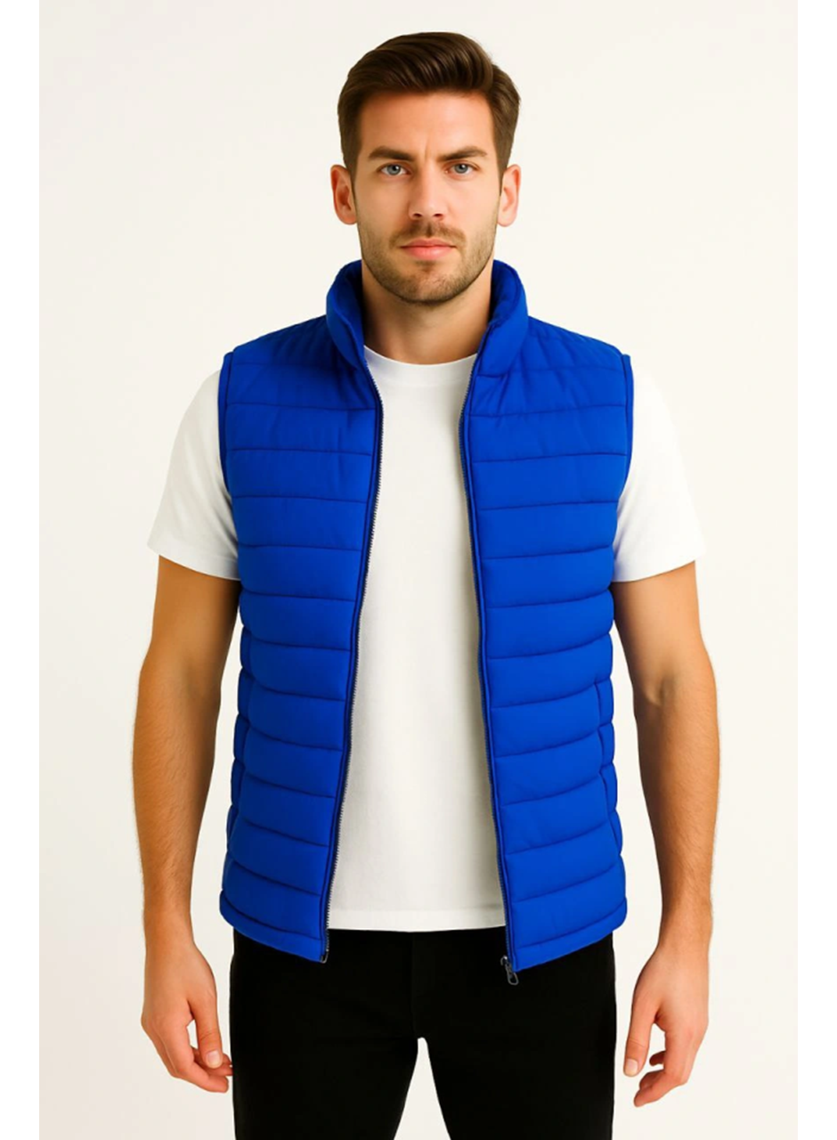 Erkek Şişme Fermuarlı Yelek Su Itici Kapitone Astarlı Kumaş Cepli Hafif Kışlık Spor Rahat Kalıp - Saks Mavisi