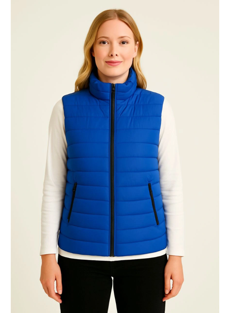 Şişme Fermuarlı Yelek Su Itici Kapitone Astarlı Kumaş Cepli Hafif Kışlık Spor Rahat Kalıp - Saks Mavisi