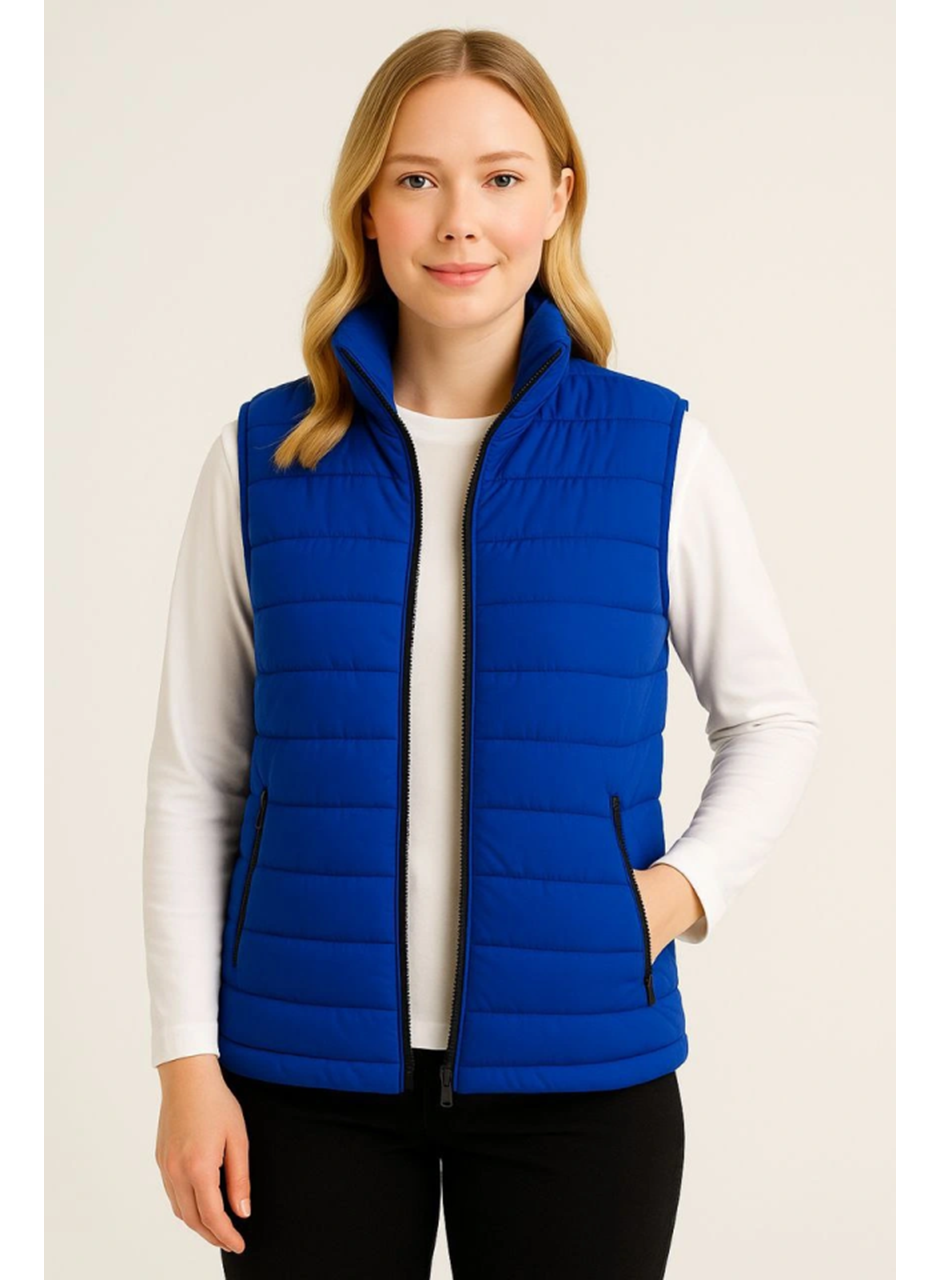 Şişme Fermuarlı Yelek Su Itici Kapitone Astarlı Kumaş Cepli Hafif Kışlık Spor Rahat Kalıp - Saks Mavisi