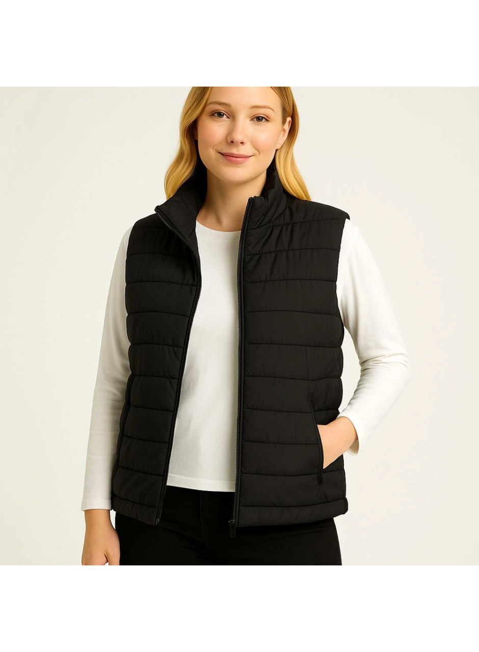 Şişme Fermuarlı Yelek Su Itici Kapitone Astarlı Kumaş Cepli Hafif Kışlık Spor Rahat Kalıp - Siyah