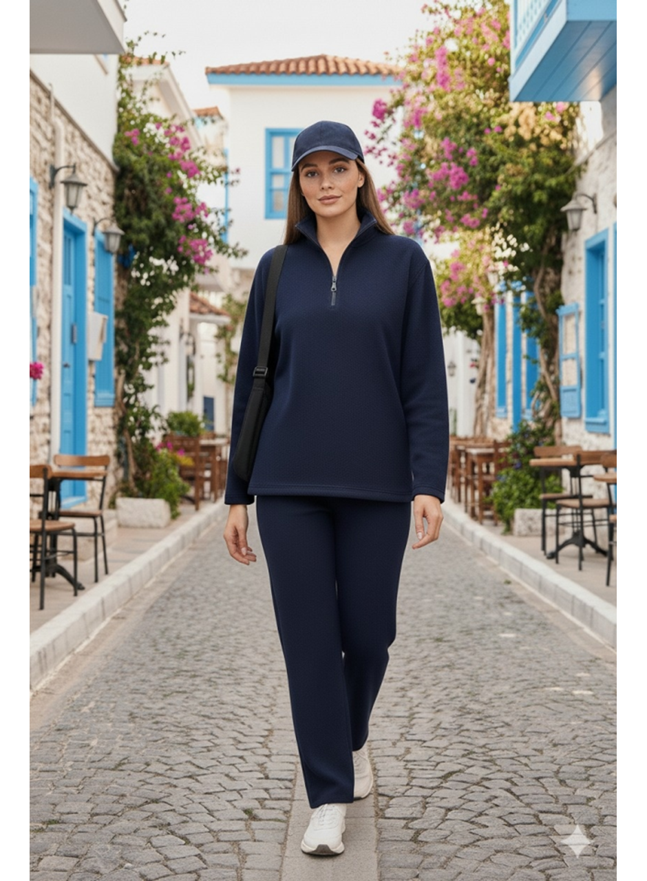 Kadın Balıkçı Yaka Fermuar Detay Polar Sweat Ve Pantolon Ikili Takım