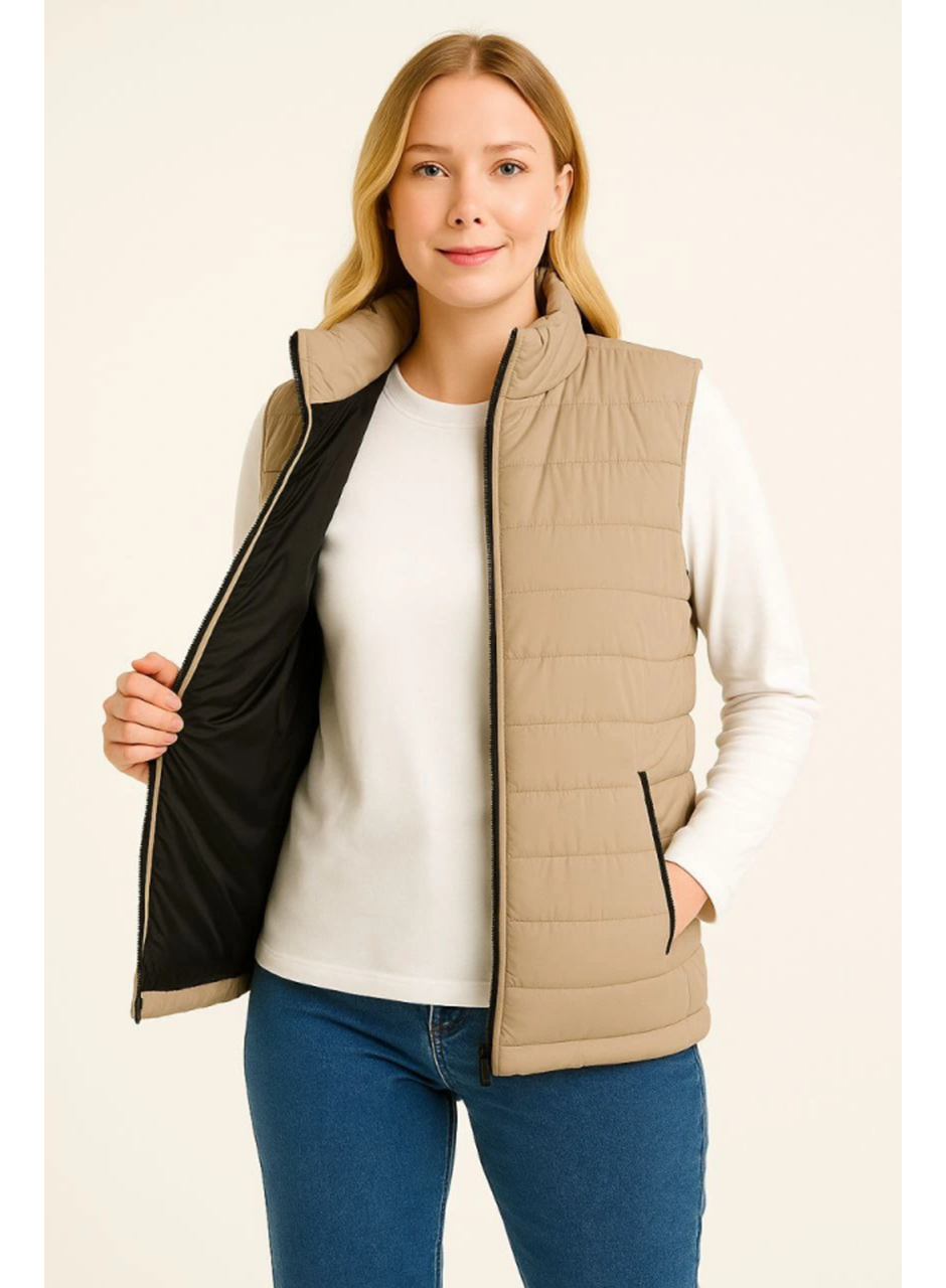Şişme Fermuarlı Yelek Su Itici Kapitone Astarlı Kumaş Cepli Hafif Kışlık Spor Rahat Kalıp - Bej