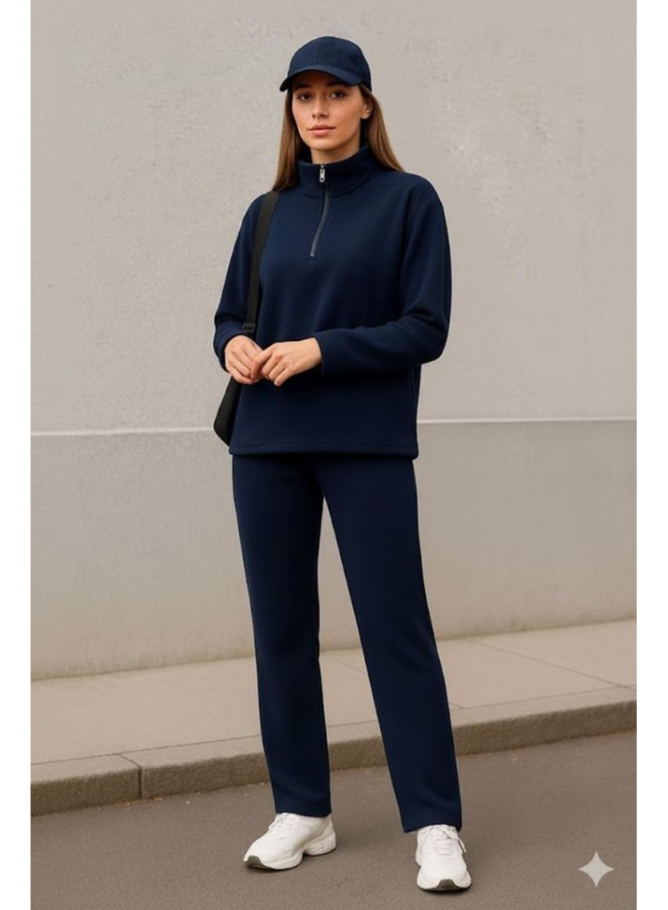 Kadın Balıkçı Yaka Fermuar Detay Polar Sweat Ve Pantolon Ikili Takım