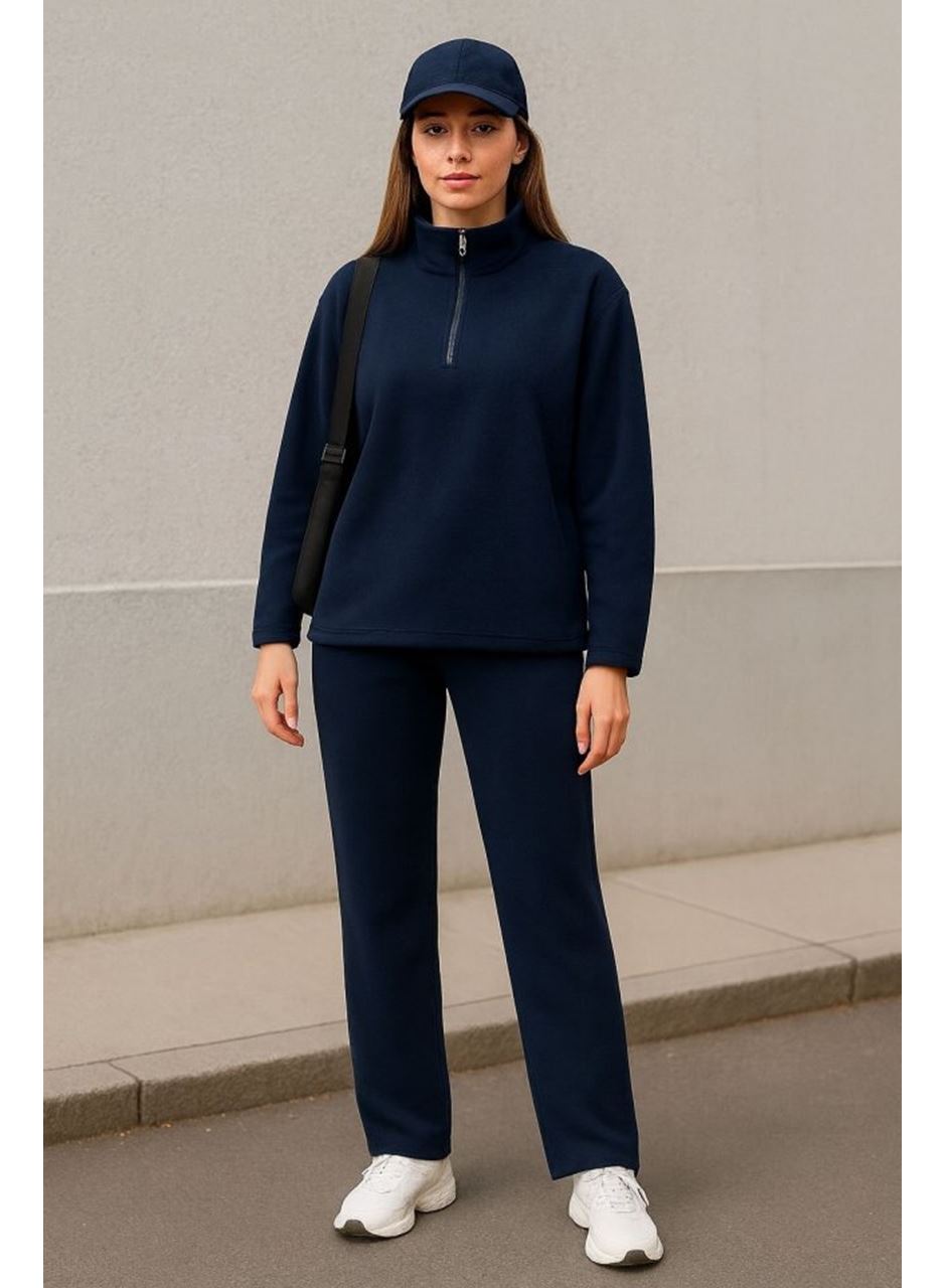 Kadın Balıkçı Yaka Fermuar Detay Polar Sweat Ve Pantolon Ikili Takım